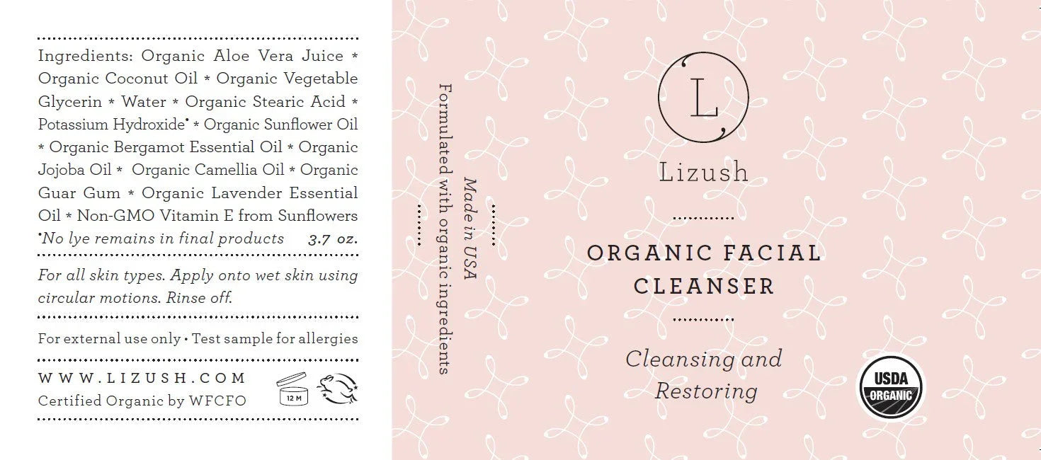 Lizush organic facial cleanser label with ingredients and USDA organic certification on pink background
