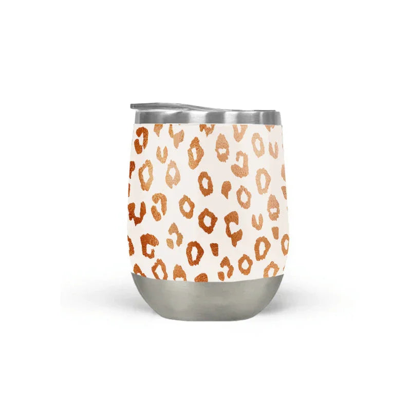 Stainless steel wine tumbler with copper leopard print, cosmic gift from Qu!rk Boutique