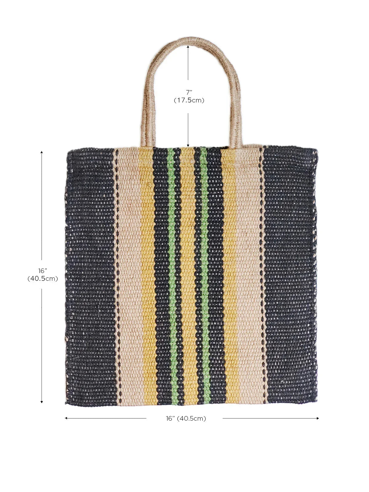 Square jute tote bag with green, yellow, black vertical stripes and 7-inch woven handles