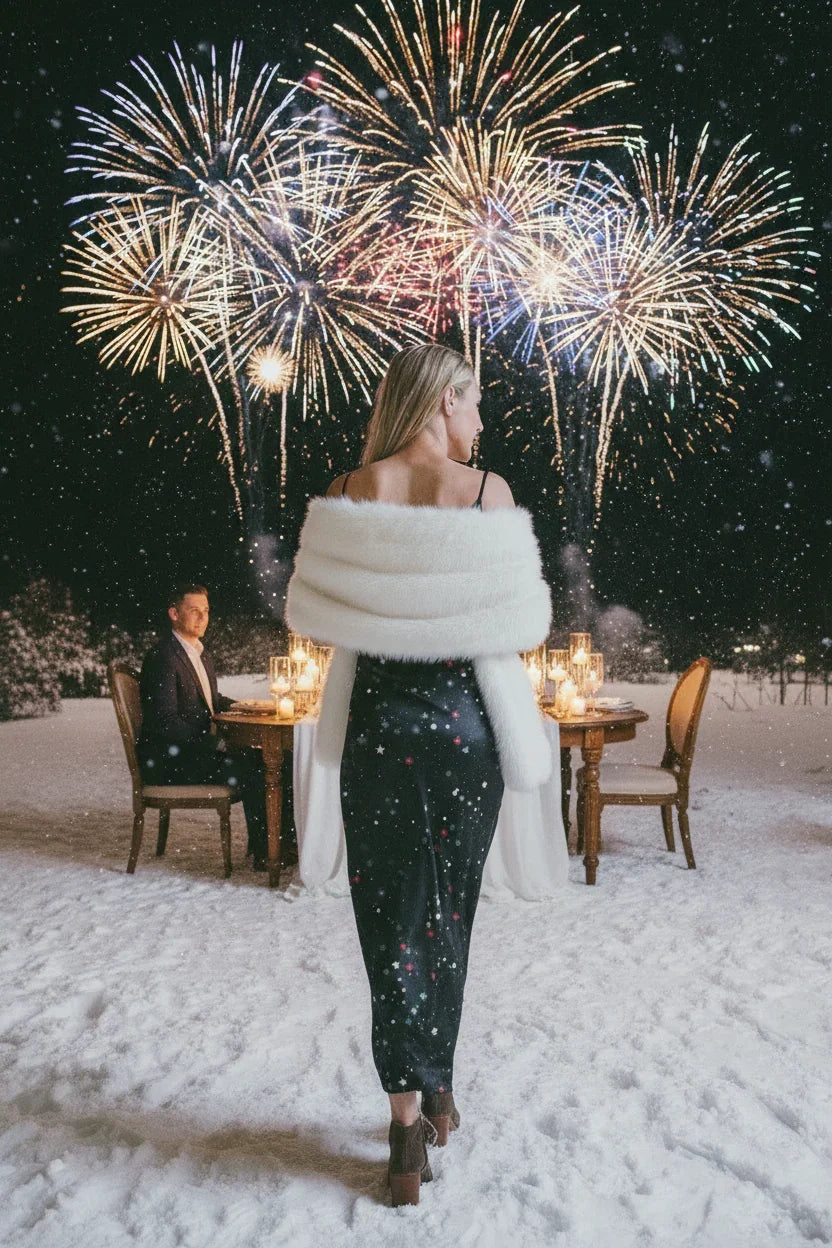 Elegant woman in black dress and white fur stole walking on snow towards table with candles and fireworks