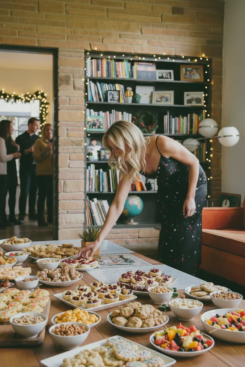 Woman in black dress selecting dessert from table with cookies, tarts, and fruit bowls at home party