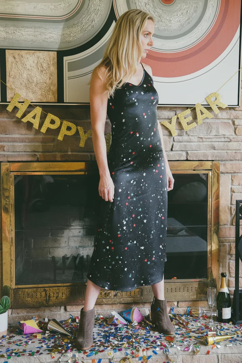 Woman in black star-patterned dress and boots by fireplace with Happy New Year banner and party confetti