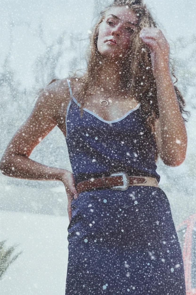 Young woman in navy blue dress with belt standing in snowy outdoor scene