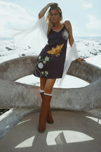Certified Organic- Vela Summer Silk Slip Dress in Plum Butterfly- Made to Order in London- Artist Designed - Qu!rk Boutique