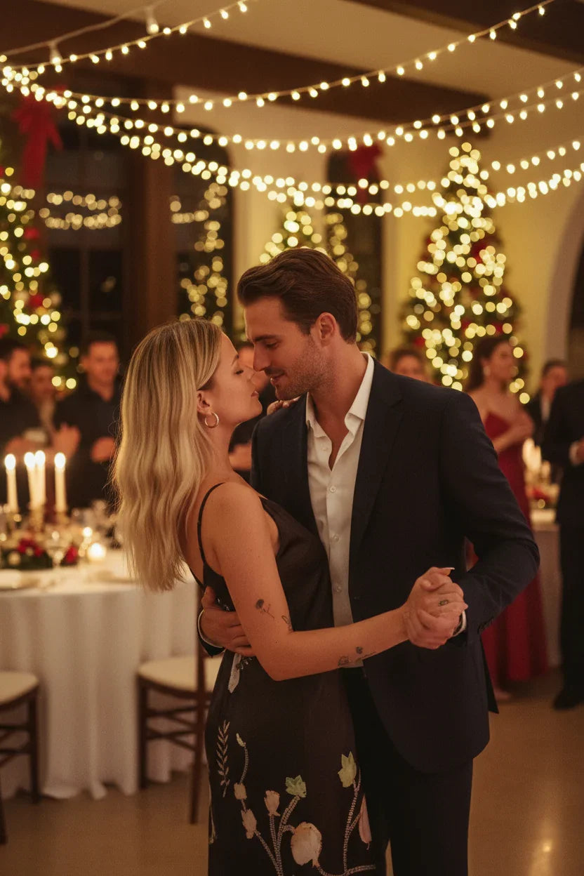 Couple dancing intimately at a festive Christmas party with decorated trees and string lights