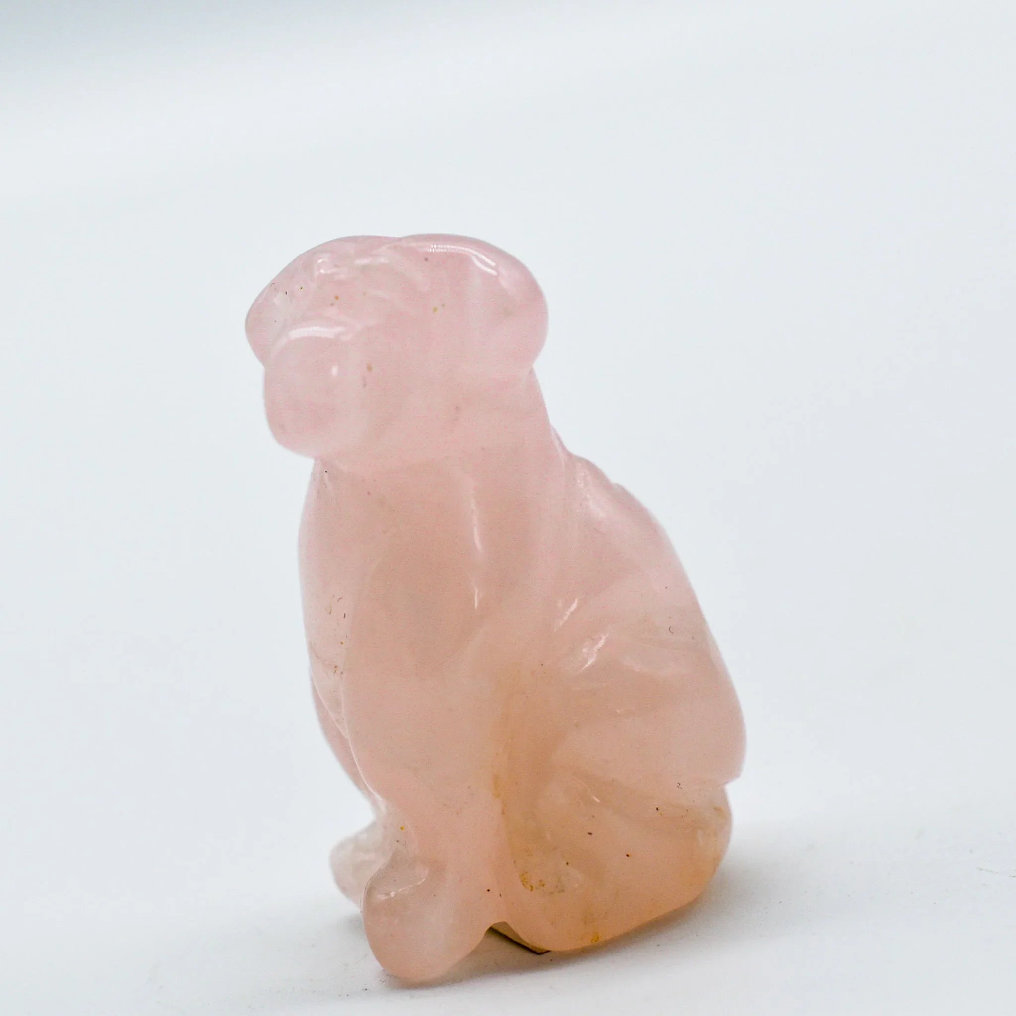 Hand-carved rose quartz crystal animal figurine on white background, Qu!rk Boutique gift
