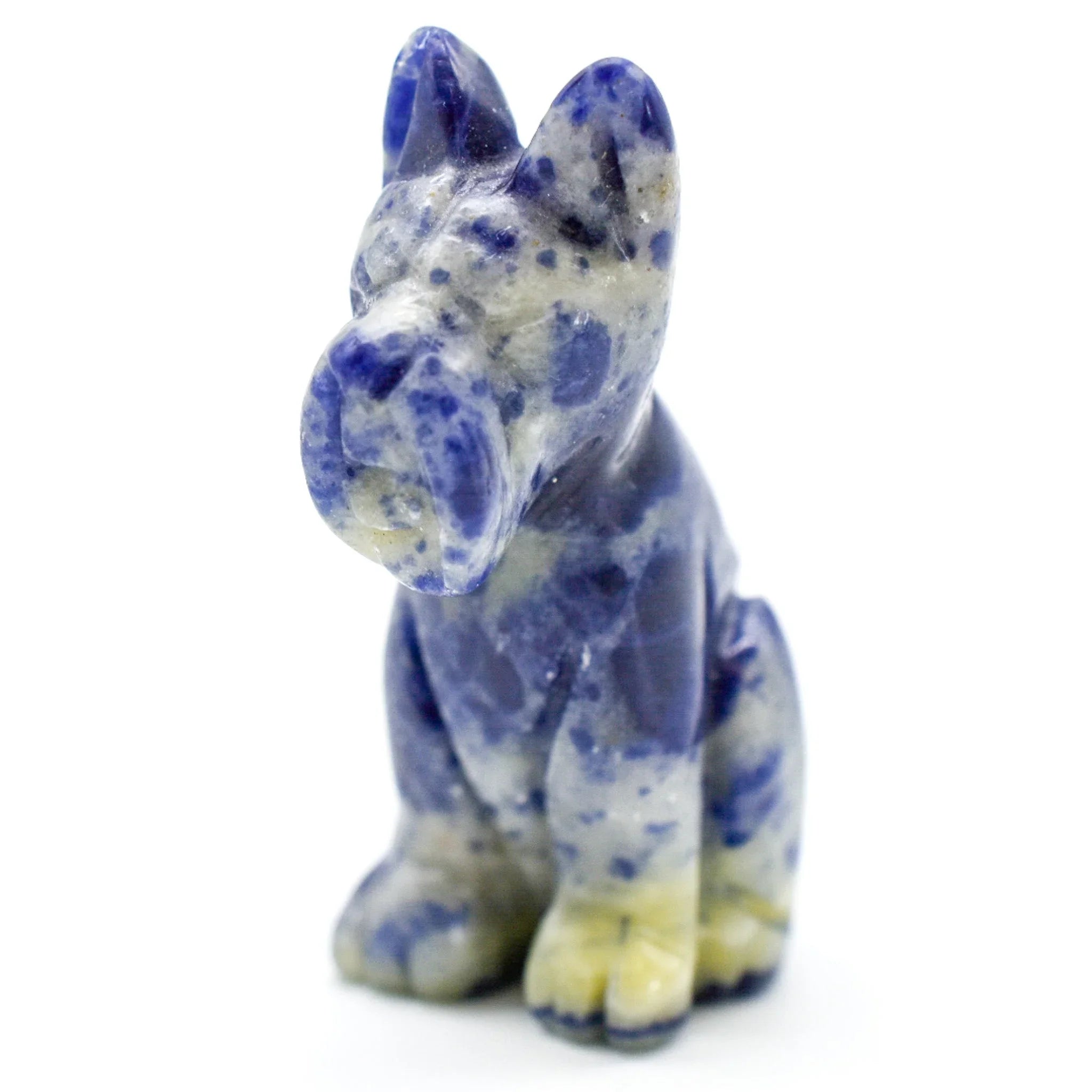Blue and white gemstone dog figurine, artist-designed gift at Qu!rk Boutique