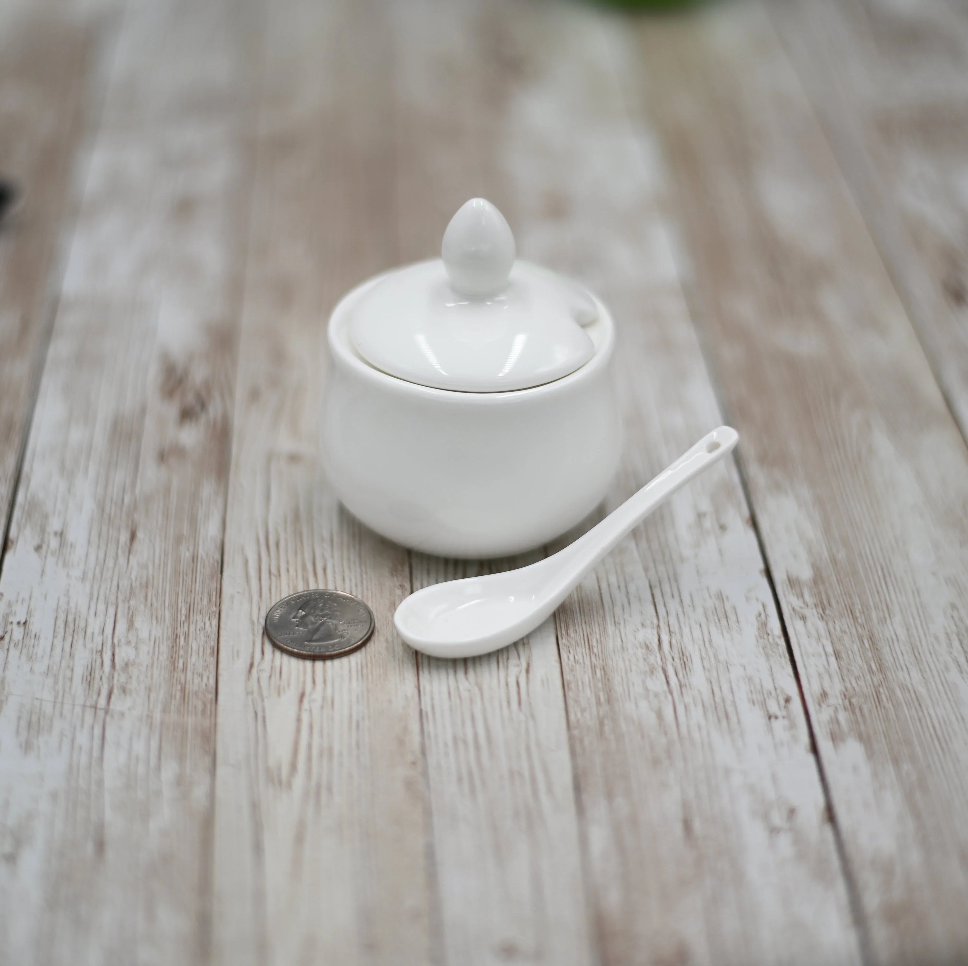 Small white ceramic sugar jar with lid and spoon beside a coin on rustic wood table at Qu!rk Boutique