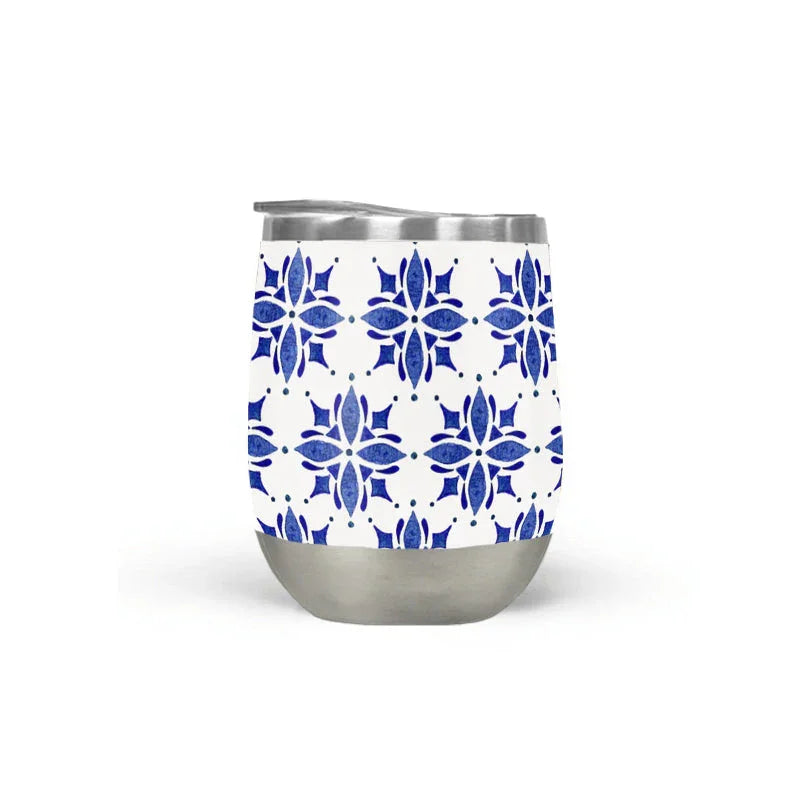 Dark blue tile pattern wine tumbler with stainless steel base, artist-designed gift from Qu!rk Boutique