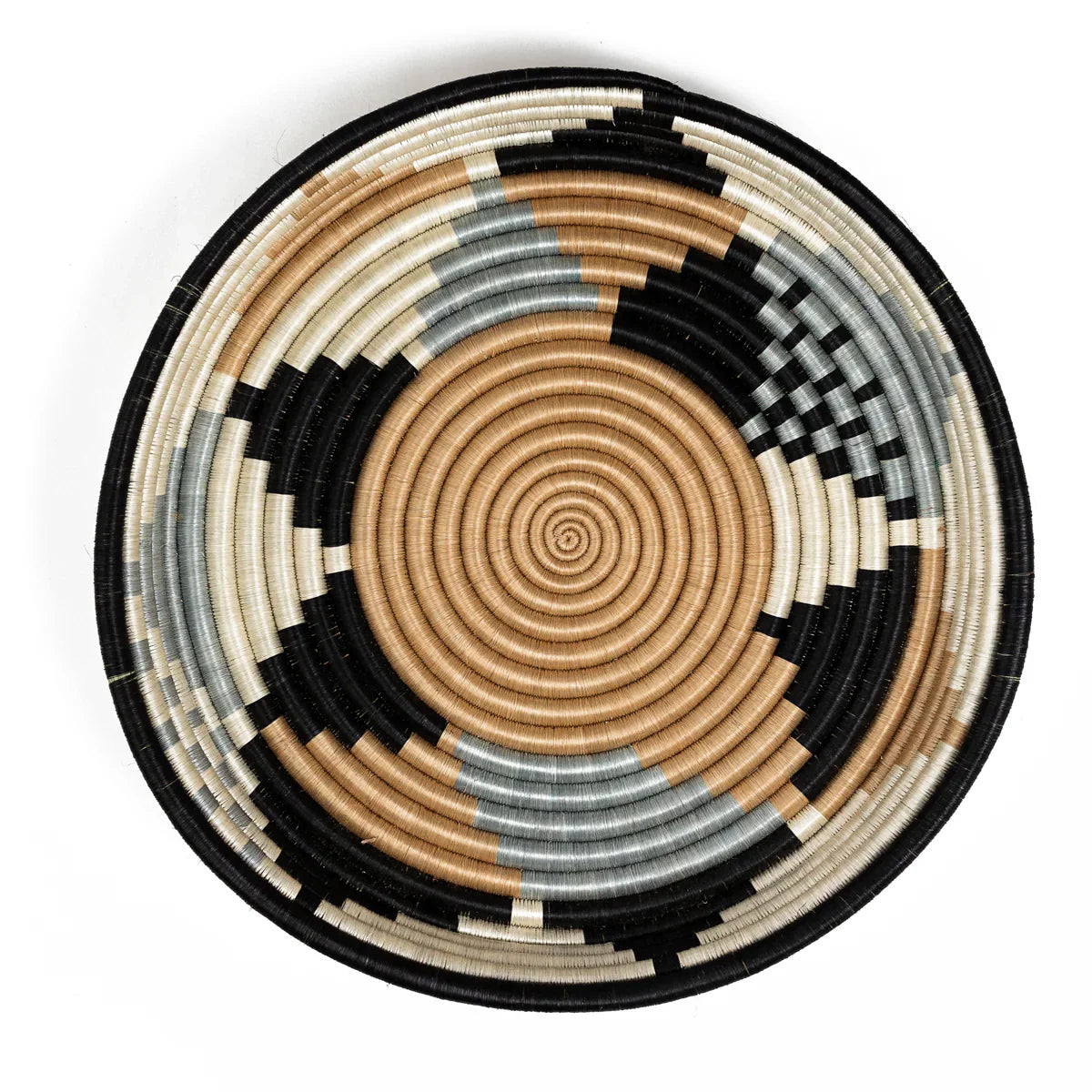 Large gray and tan woven bowl with geometric pattern, viewed overhead on white background.