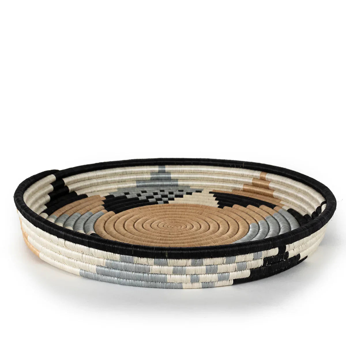 Large gray woven bowl with geometric patterns, artisan gift at Qu!rk Boutique