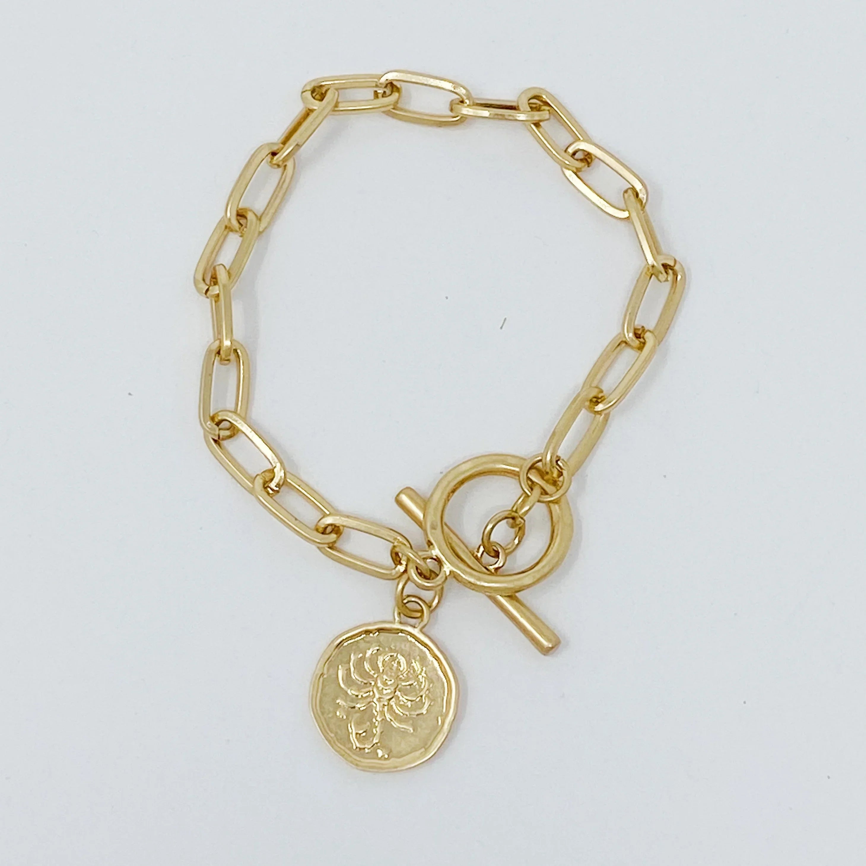 Gold chain bracelet with toggle clasp and scorpion coin charm on white background