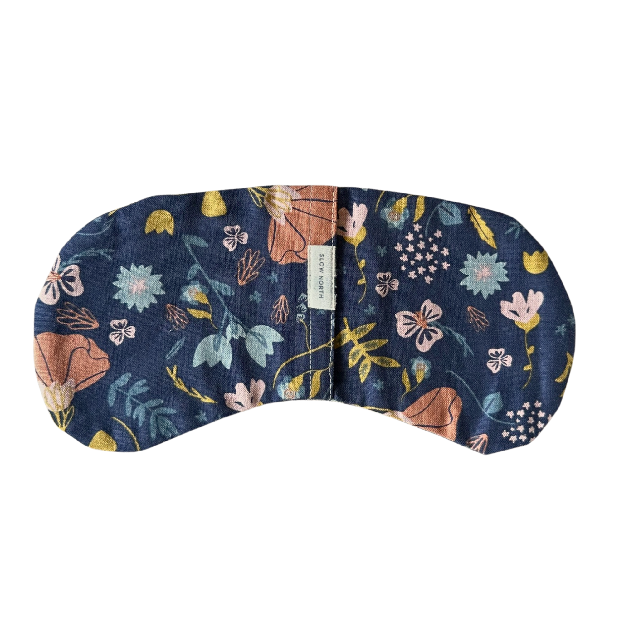 Navy blue floral sleep mask with pastel flowers and green leaves, labeled Slow North