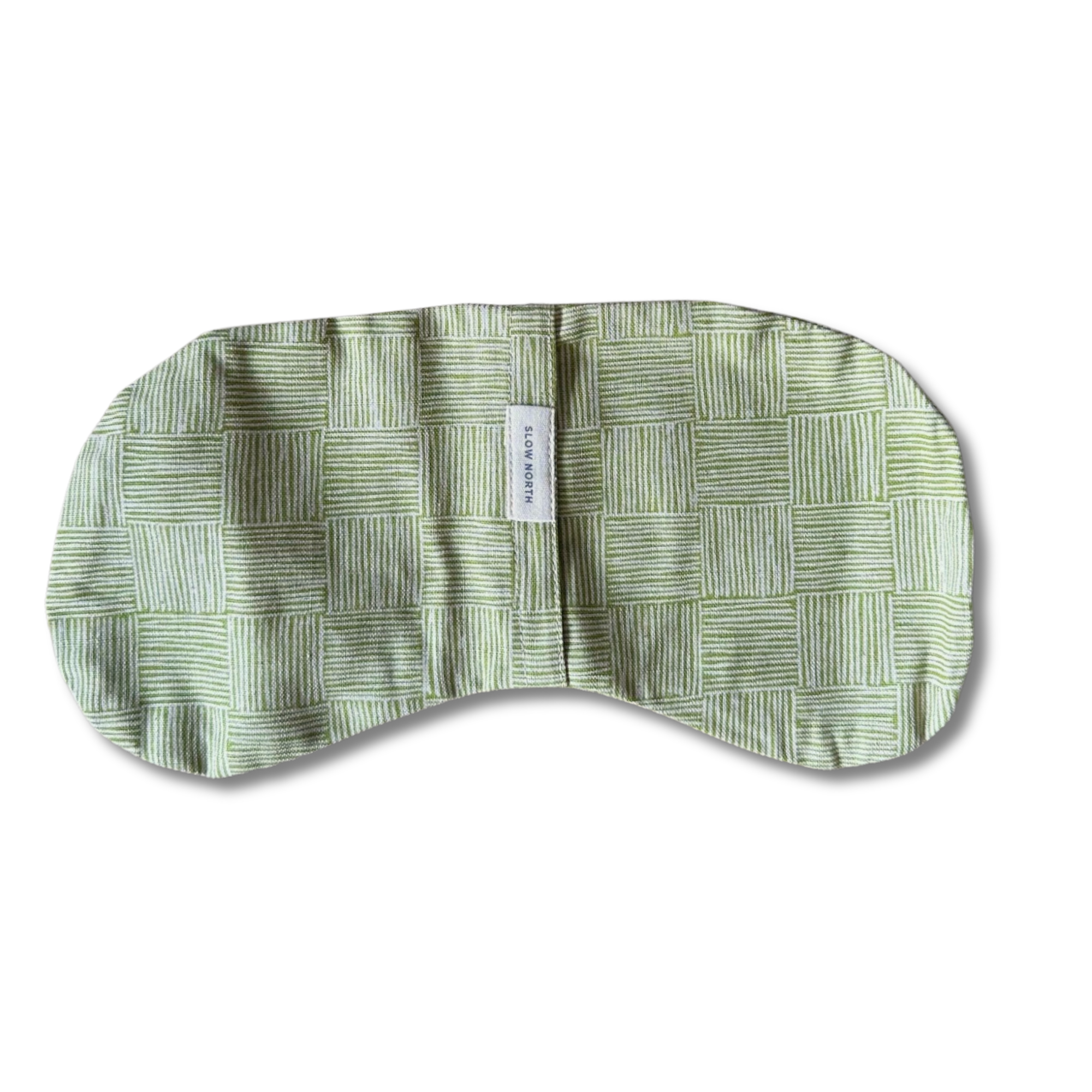 Green and white checkered sleep mask with thin stripes and SLOW NORTH label