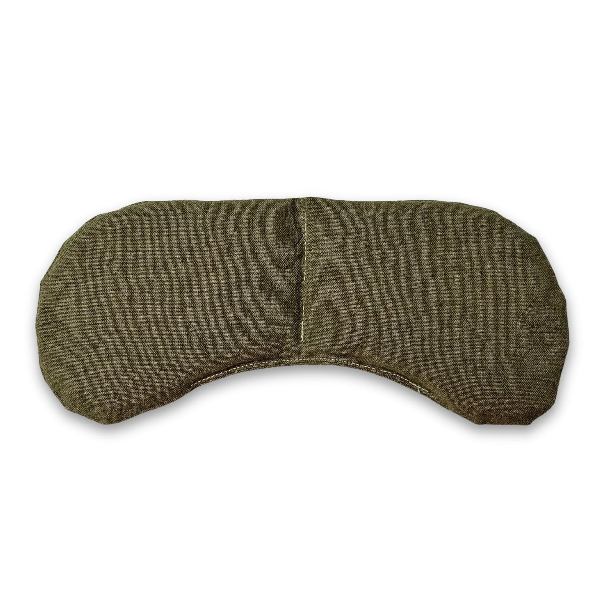 Olive green fabric eye pillow with central seam for relaxation and sleep aid