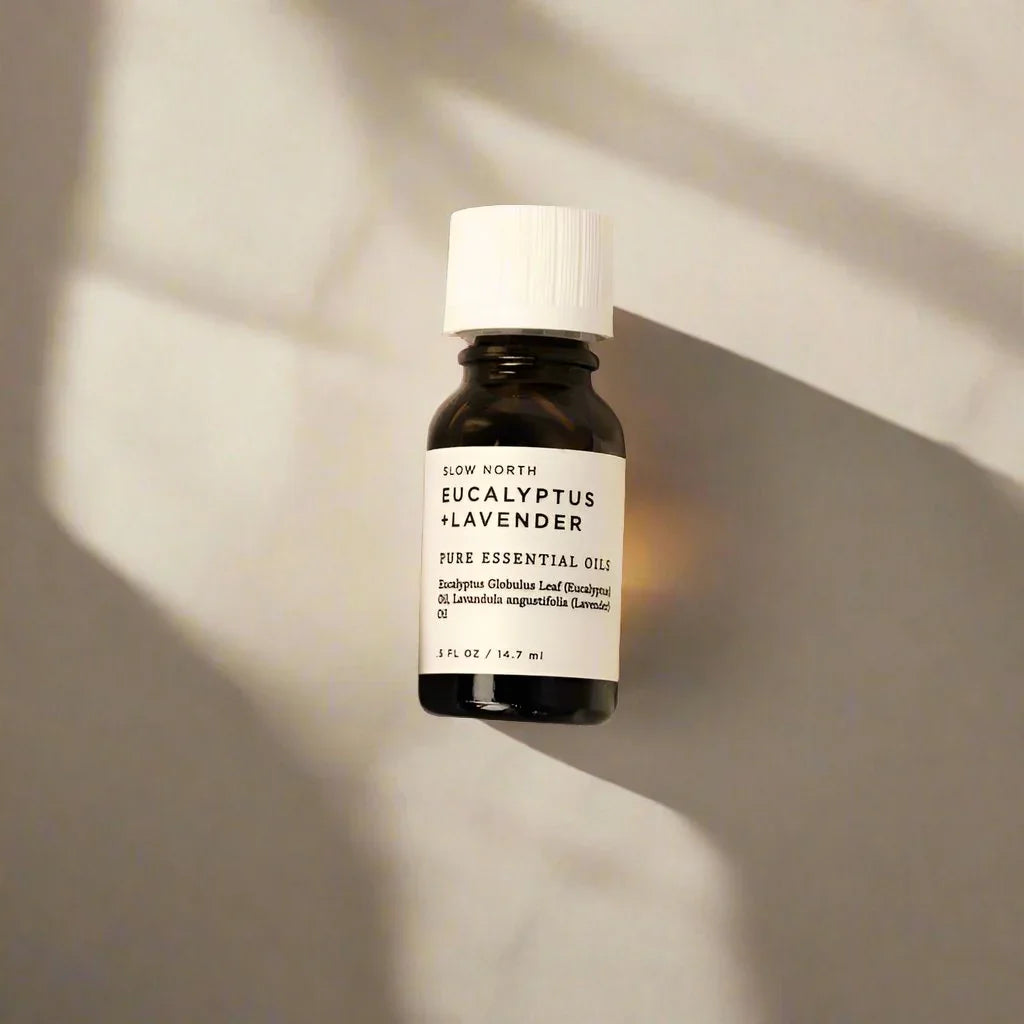Slow North eucalyptus and lavender essential oil bottle on a neutral background at Qu!rk Boutique