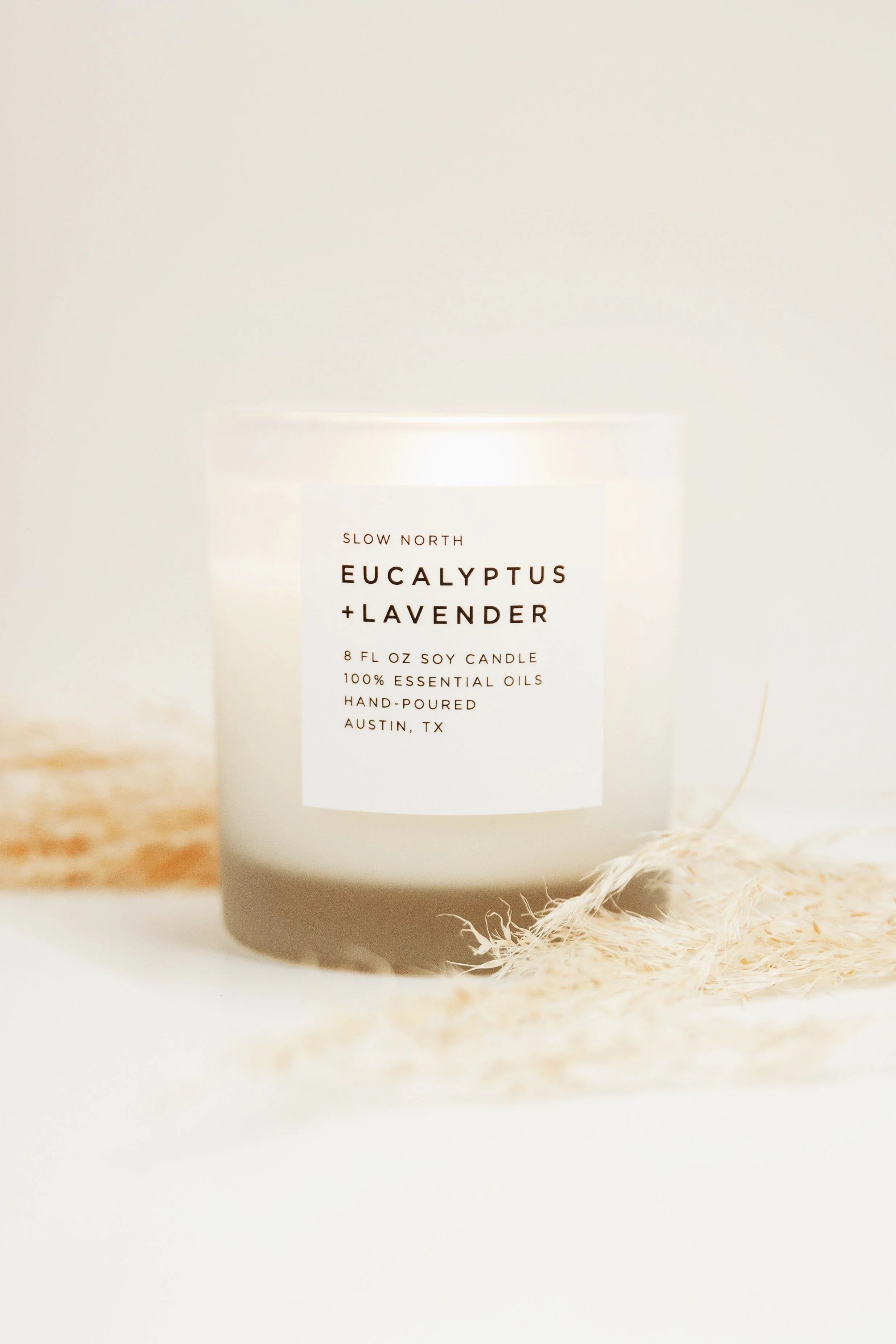 Slow North Eucalyptus Lavender soy candle in frosted glass with dried pampas grass, Qu!rk Boutique