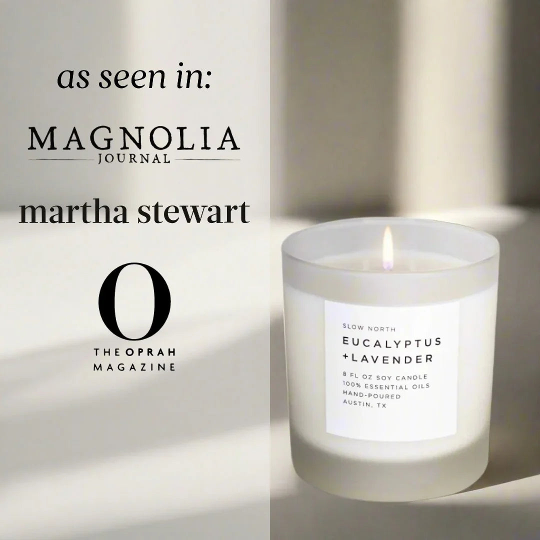 Eucalyptus Lavender soy candle in frosted glass, featured by Magnolia Journal, Martha Stewart, and Oprah Magazine, at Qu!rk Boutique.