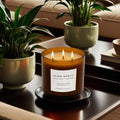 Lit Slow North eucalyptus and lavender soy candle on black tray with green potted plants