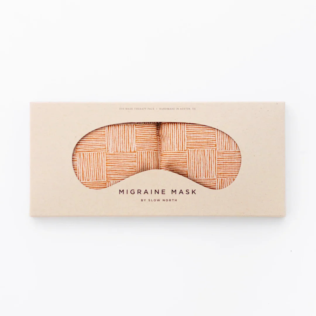 Copper Fields migraine eye mask in patterned box, handmade by Slow North, sold at Qu!rk Boutique