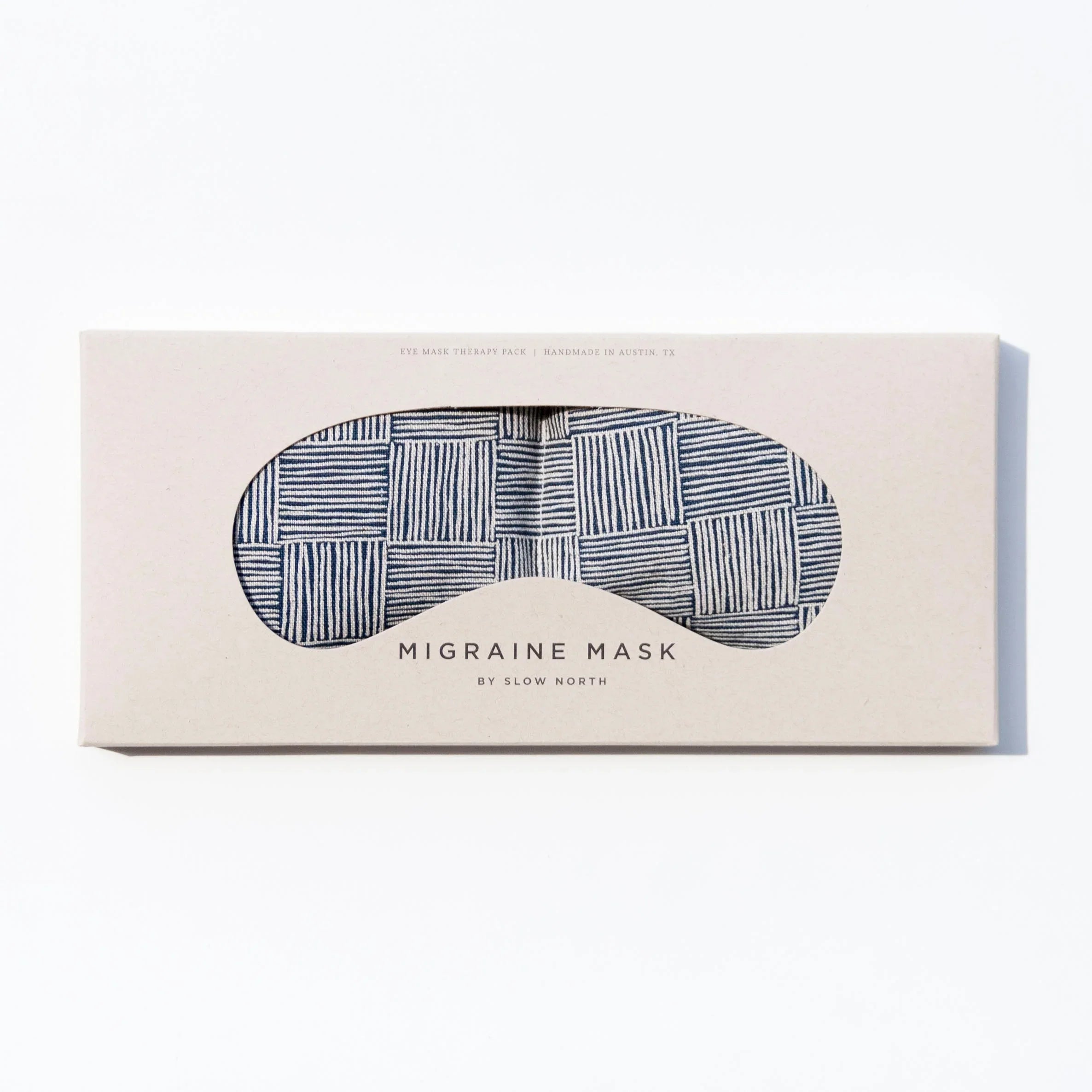 Slow North migraine eye mask in geometric blue pattern, boxed, from Qu!rk Boutique