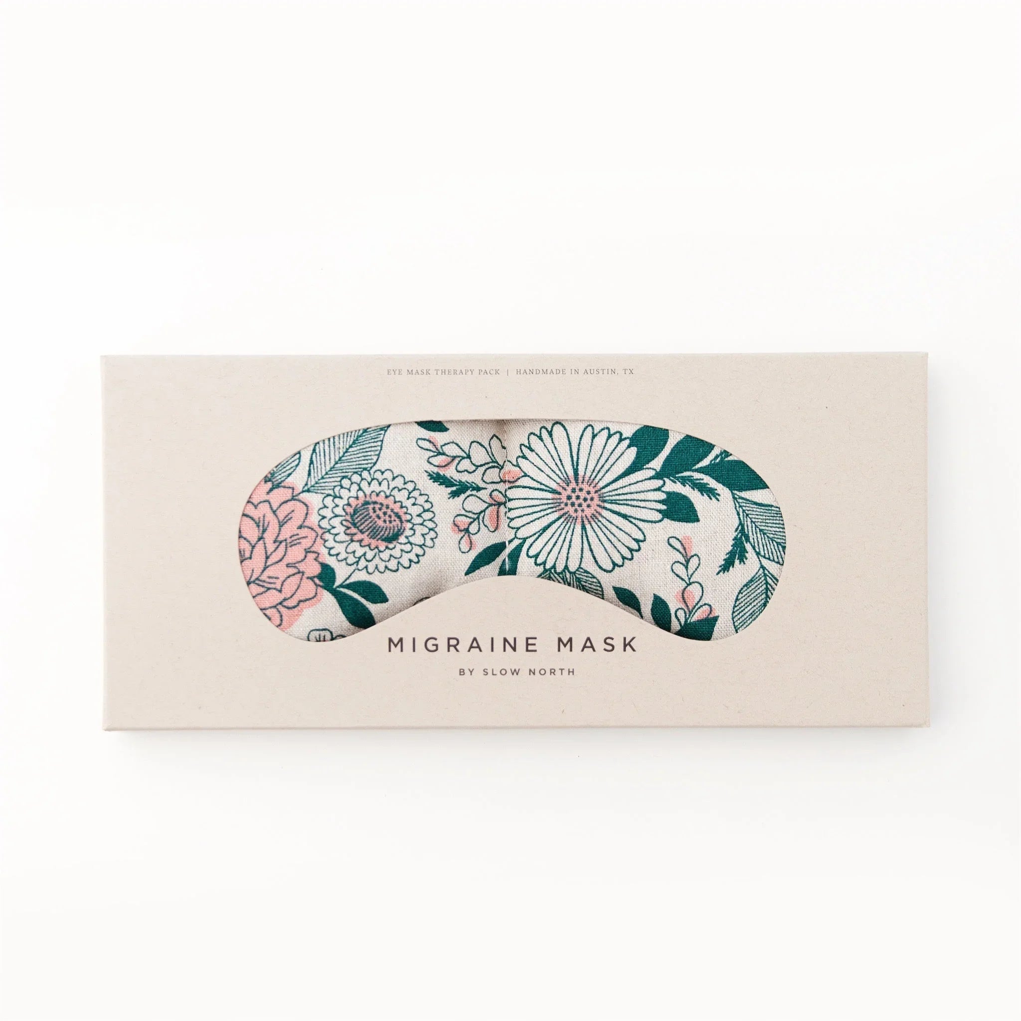 Floral patterned migraine therapy eye mask in beige box with window, handmade in Austin, TX
