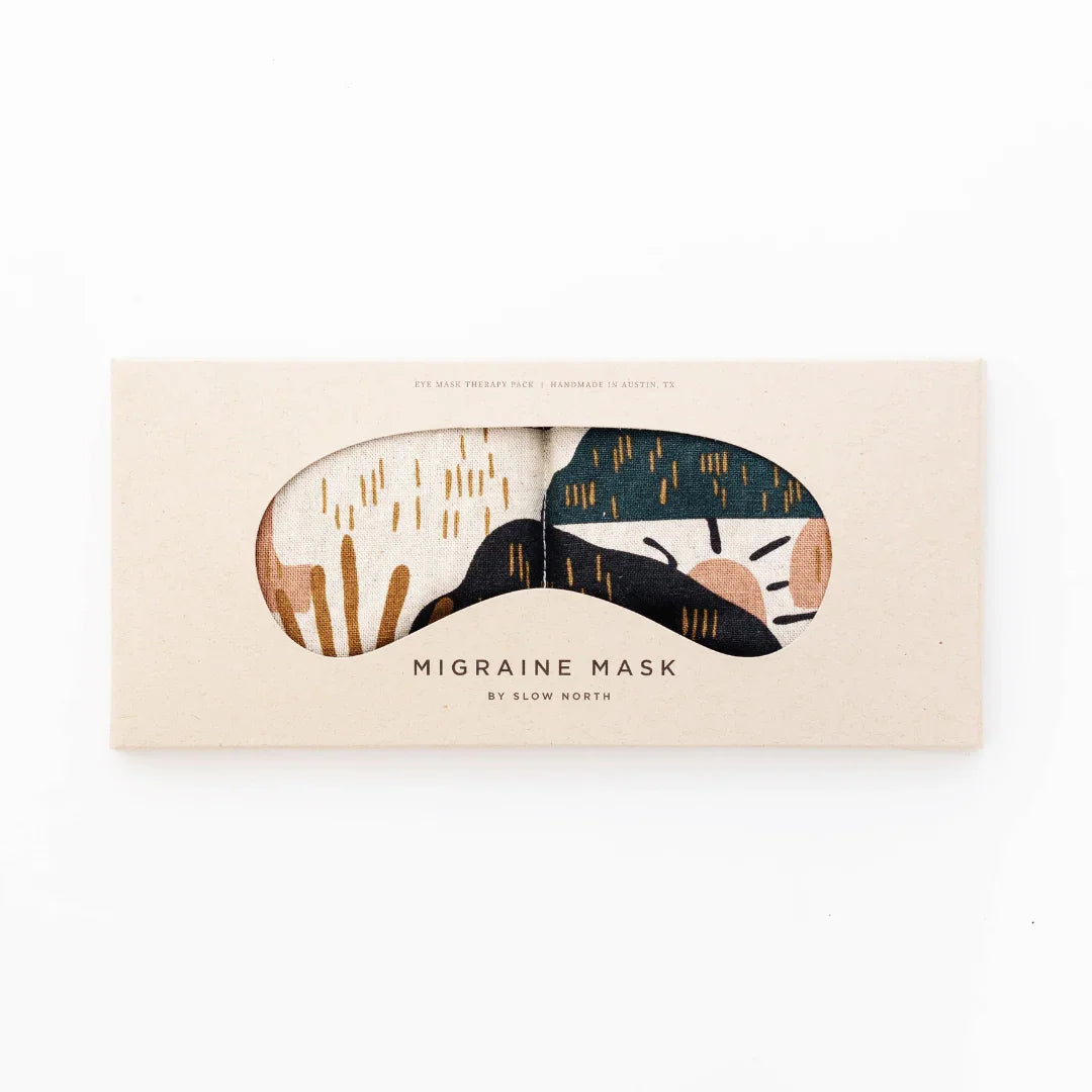 Slow North migraine mask in abstract rainbow hill print, boxed, at Qu!rk Boutique & Gift Shop