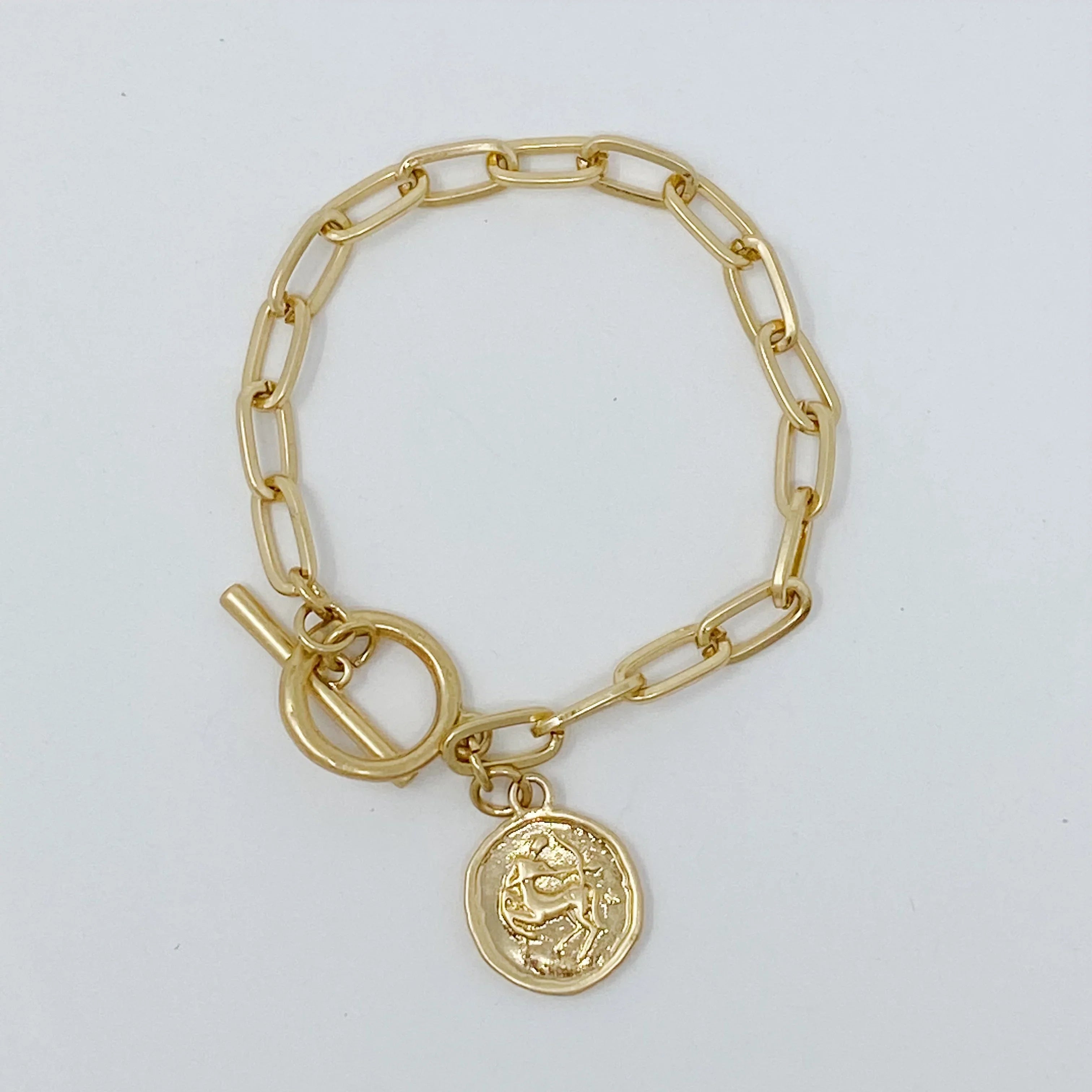 Gold chain link bracelet with toggle clasp and round medallion charm on white background
