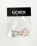 GOEX feel good do good sticker with colorful text and flower, displayed in clear packaging