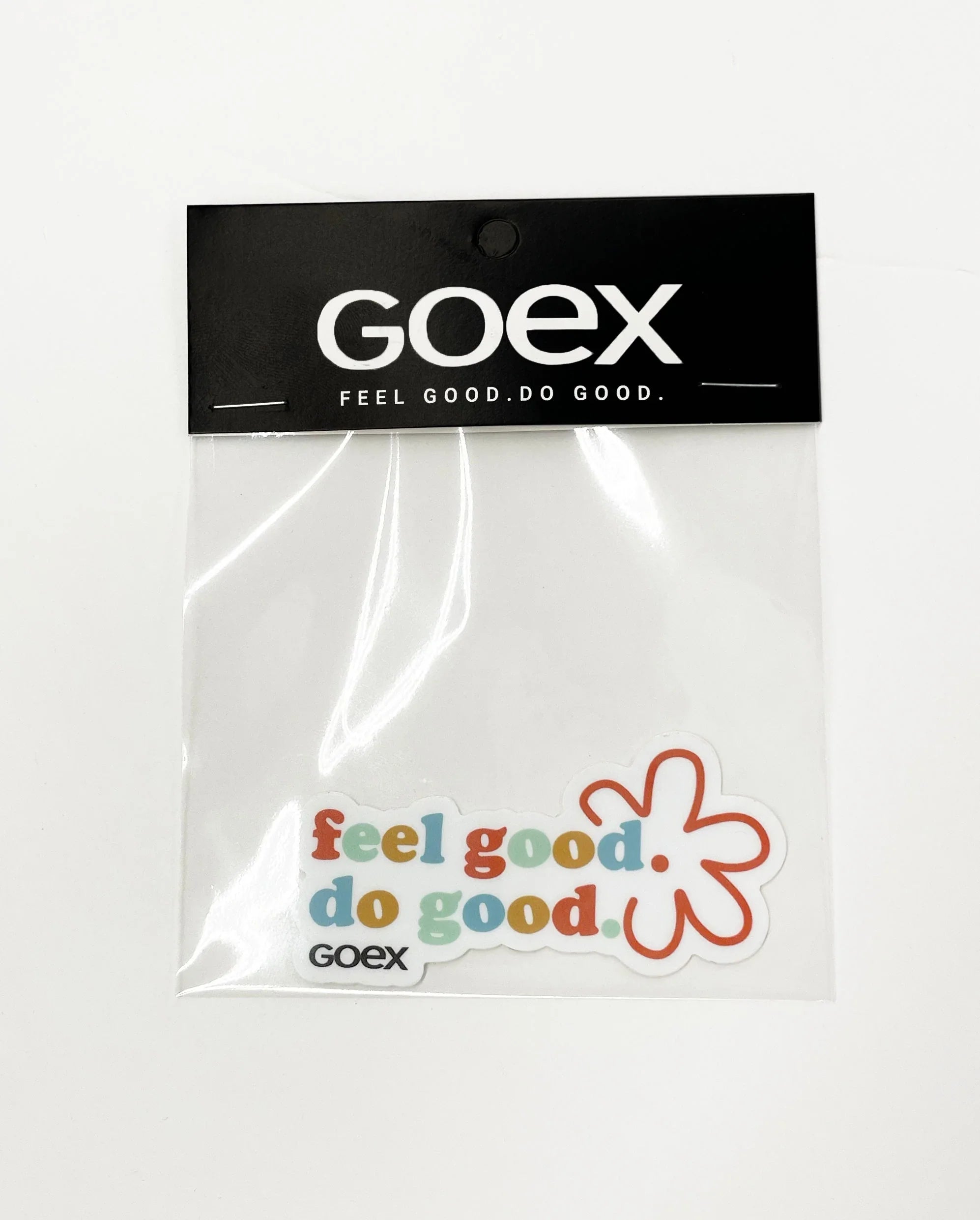GOEX feel good do good sticker with colorful text and flower, displayed in clear packaging