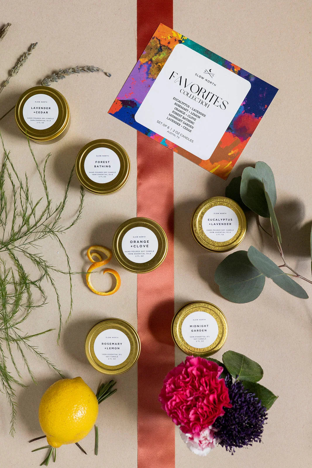 Slow North Favorites Collection scented soy candles with gold lids and floral and citrus accents