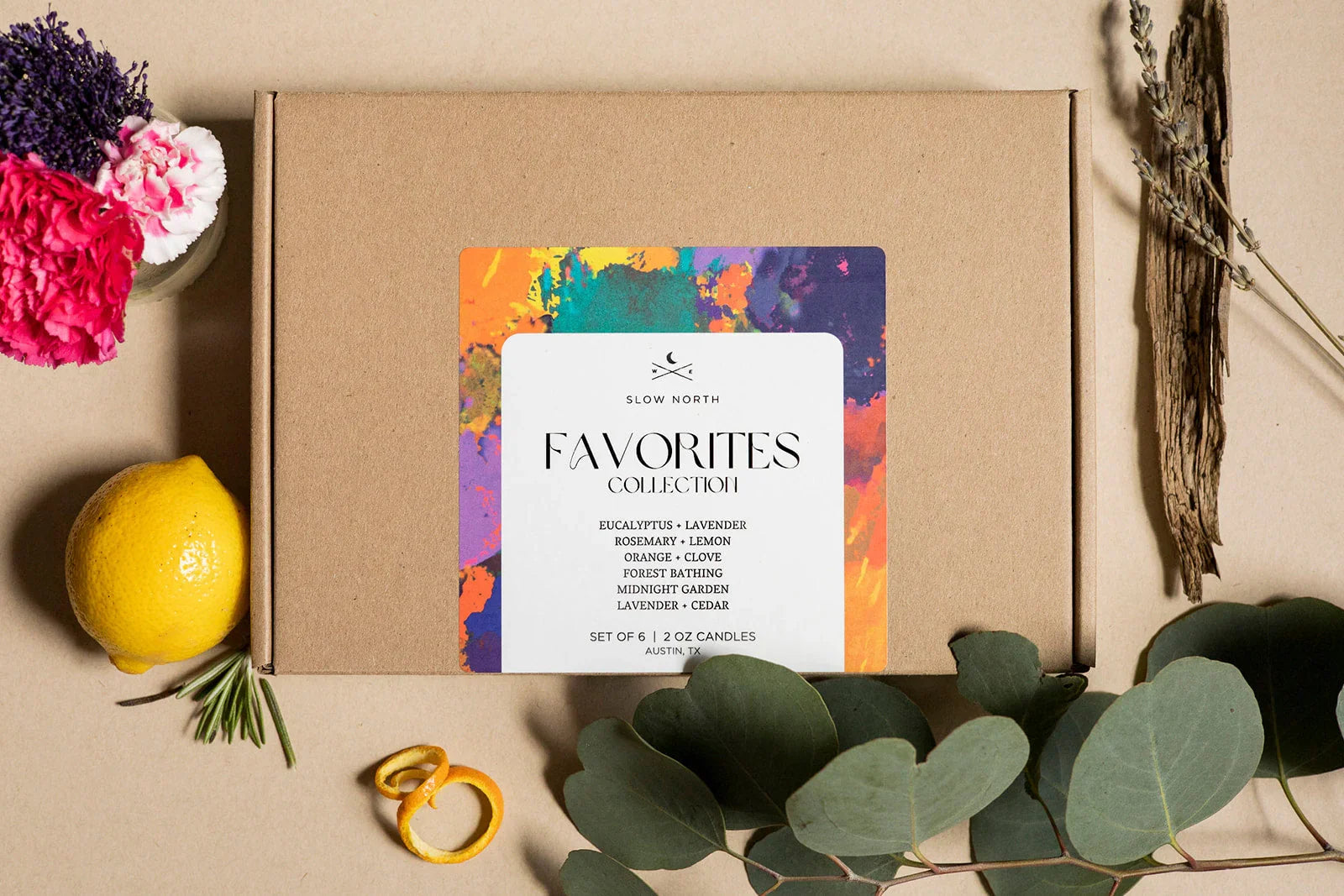Slow North Favorites Collection candle set box with floral, lemon, and eucalyptus accents