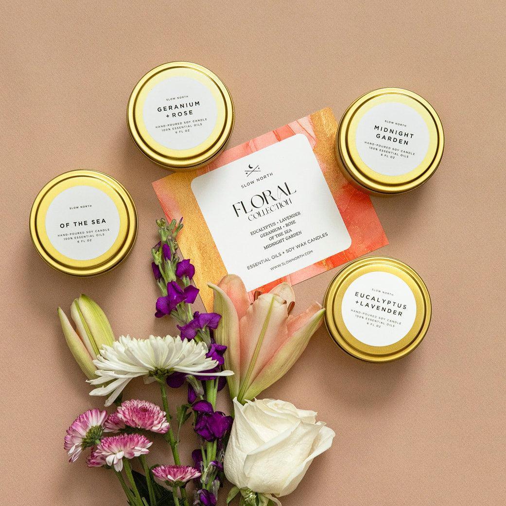 Slow North Floral Collection soy candles with gold lids and assorted flowers, Qu!rk Boutique gifts