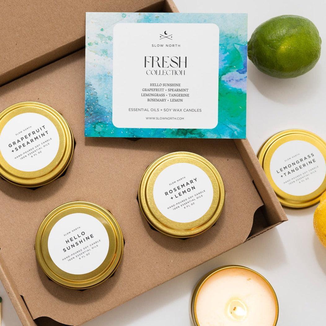 Slow North Fresh Collection soy wax candles with grapefruit, spearmint, lemongrass, tangerine, rosemary, and lemon scents