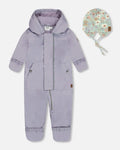 Light purple baby snowsuit with hood and floral winter hat from Qu!rk Boutique
