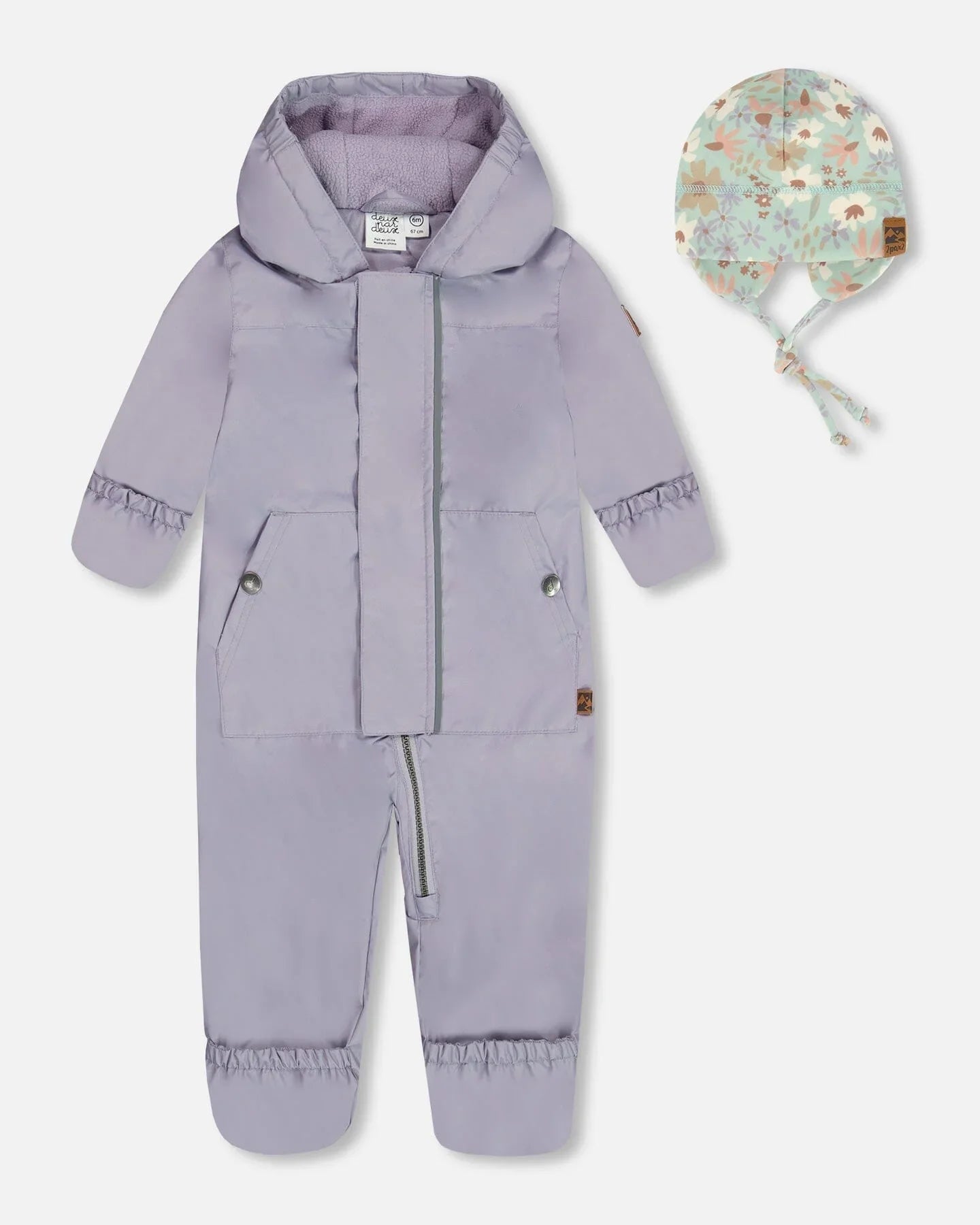 Light purple baby snowsuit with hood and floral winter hat from Qu!rk Boutique