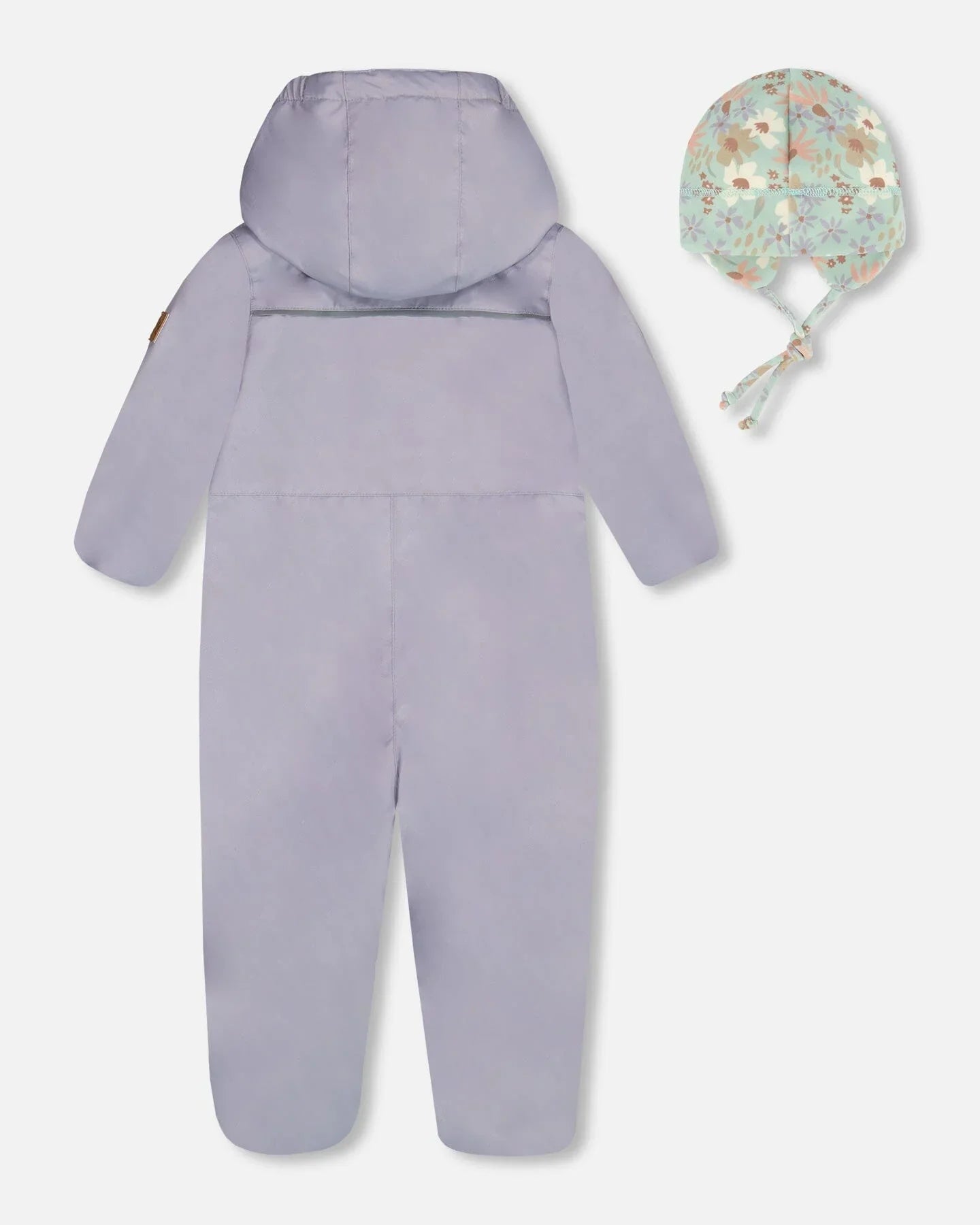 Lilac baby snowsuit with hood and pastel floral bonnet, Qu!rk Boutique winter outerwear