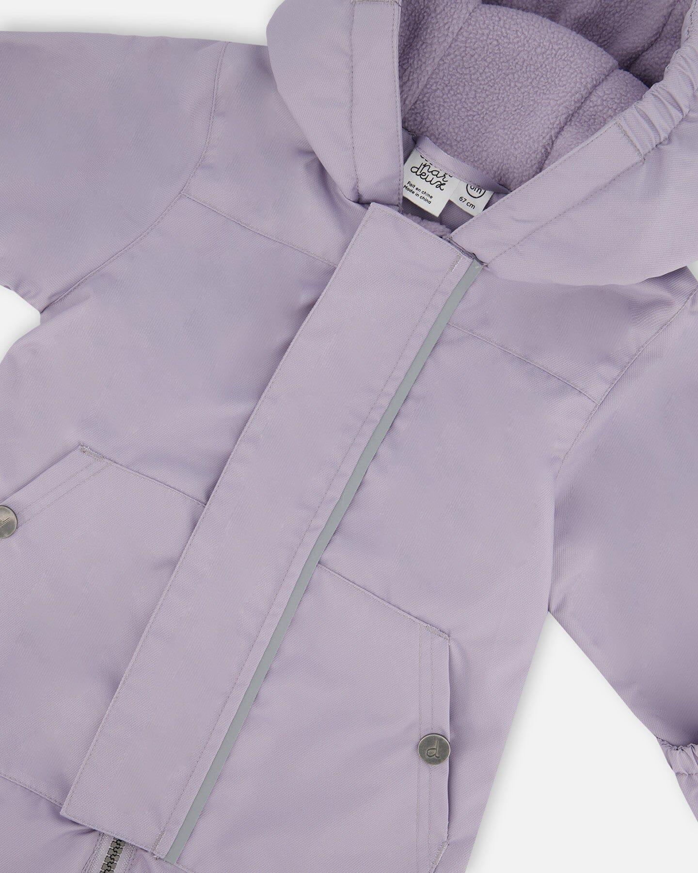 Lilac hooded winter coat with front pockets, cozy fleece lining, Qu!rk Boutique outerwear