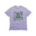 Heather purple t-shirt with green floral design and 'say no to fast fashion' text, Qu!rk Boutique