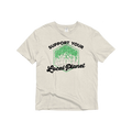 Eco-friendly beige t-shirt with green globe and 'Support Your Local Planet' text, Qu!rk Boutique
