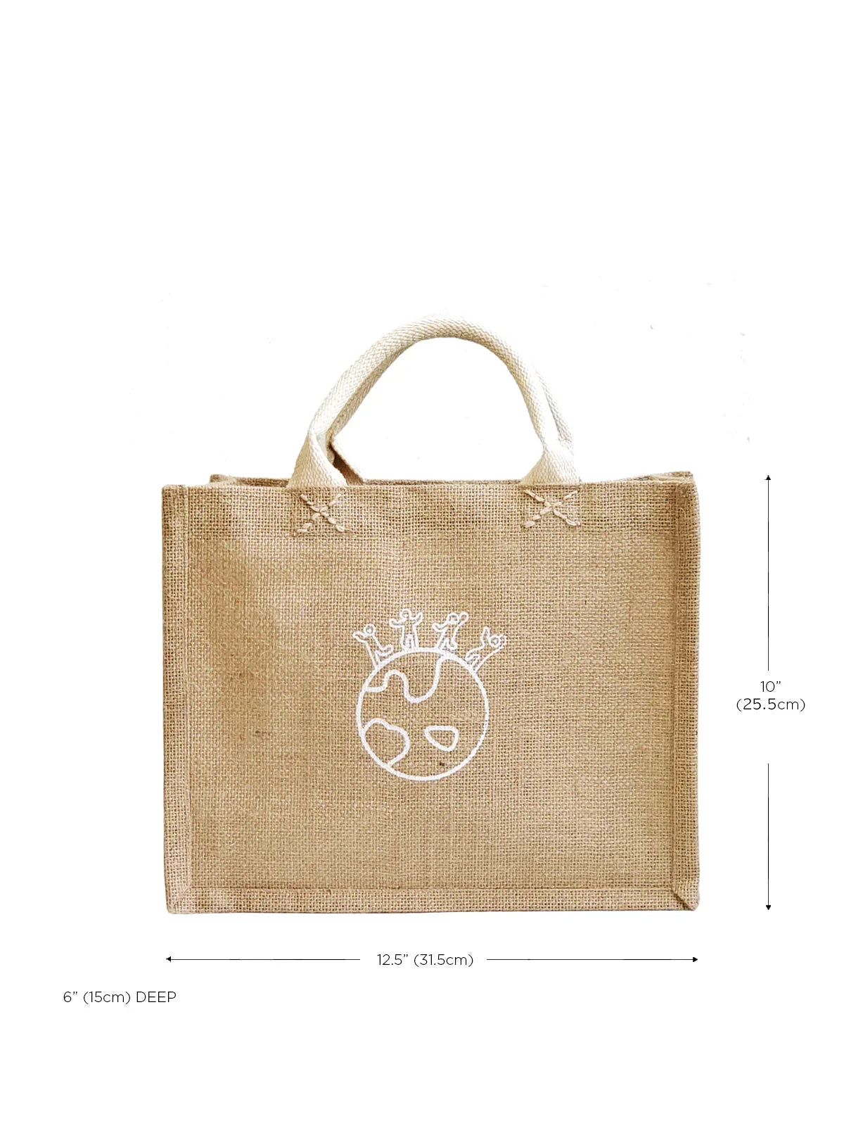 Eco-friendly jute gift bag with white planet earth design and natural handles, 12.5x10x6 inches