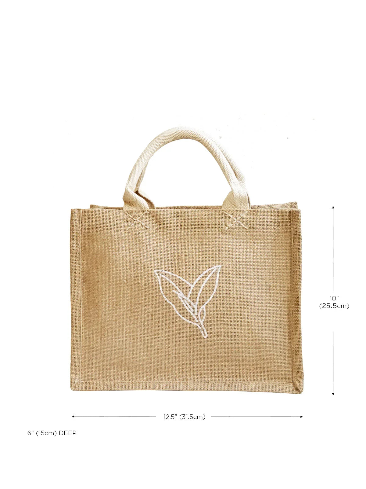 Natural jute gift bag with white leaf design and sturdy handles, eco-friendly tote 12.5x10 inches