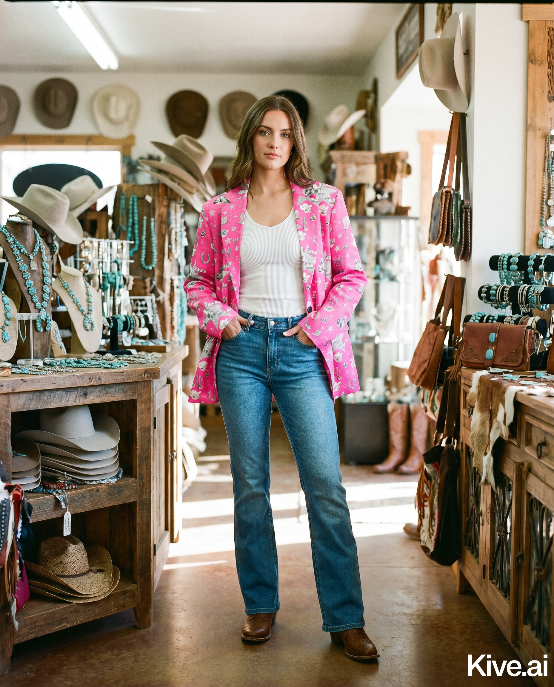Woman in a pink blazer and blue jeans standing in a store with hats and boots on display.