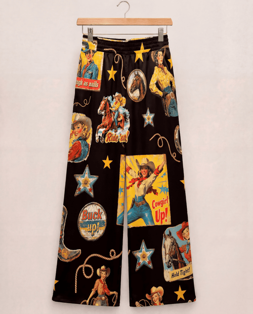Baha Ranch Vintage Cowgirl Collage High Waisted Wide Leg Pants Inclusive Sizing - Qu!rk Boutique