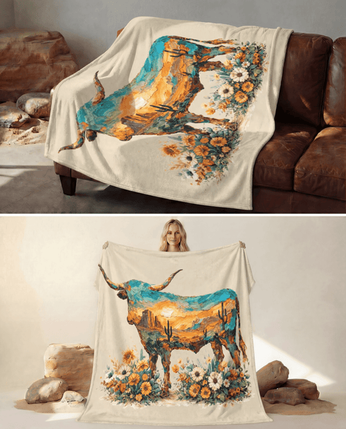 Baha Ranch Painted Longhorn Throw Blanket 60" x 80" Made in America - Qu!rk Boutique