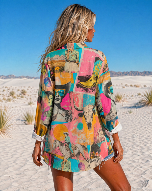 Baha Ranch Pop Western Retro Cowgirl Collage Button Up Blouse - Qu!rk Boutique