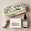 Slow North gift set with floral cosmetic bag, eucalyptus lavender soap, linen spray, and lavender vanilla lip balm