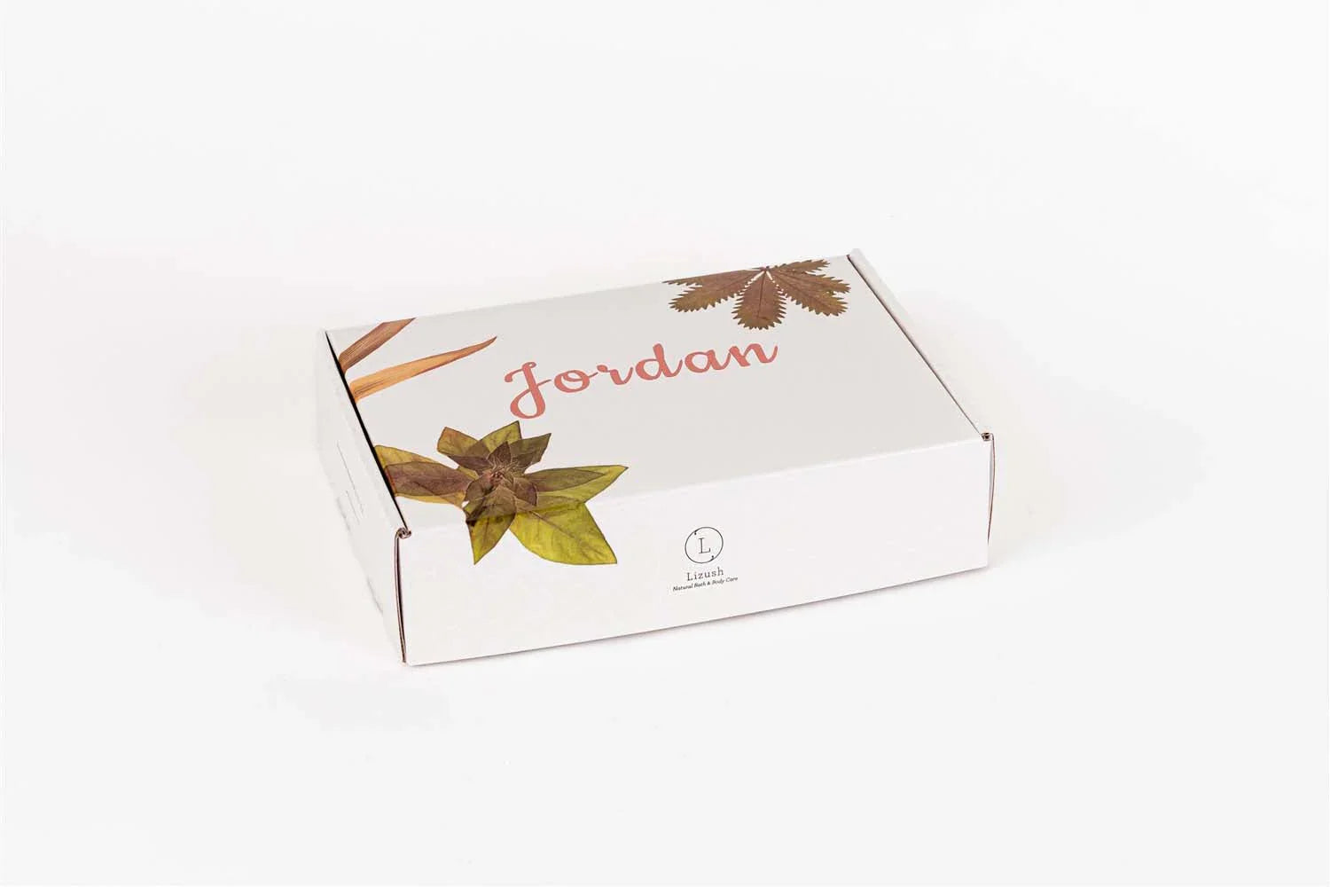 White personalized gift box with name Jordan and floral leaf designs from Lizush bath and body care