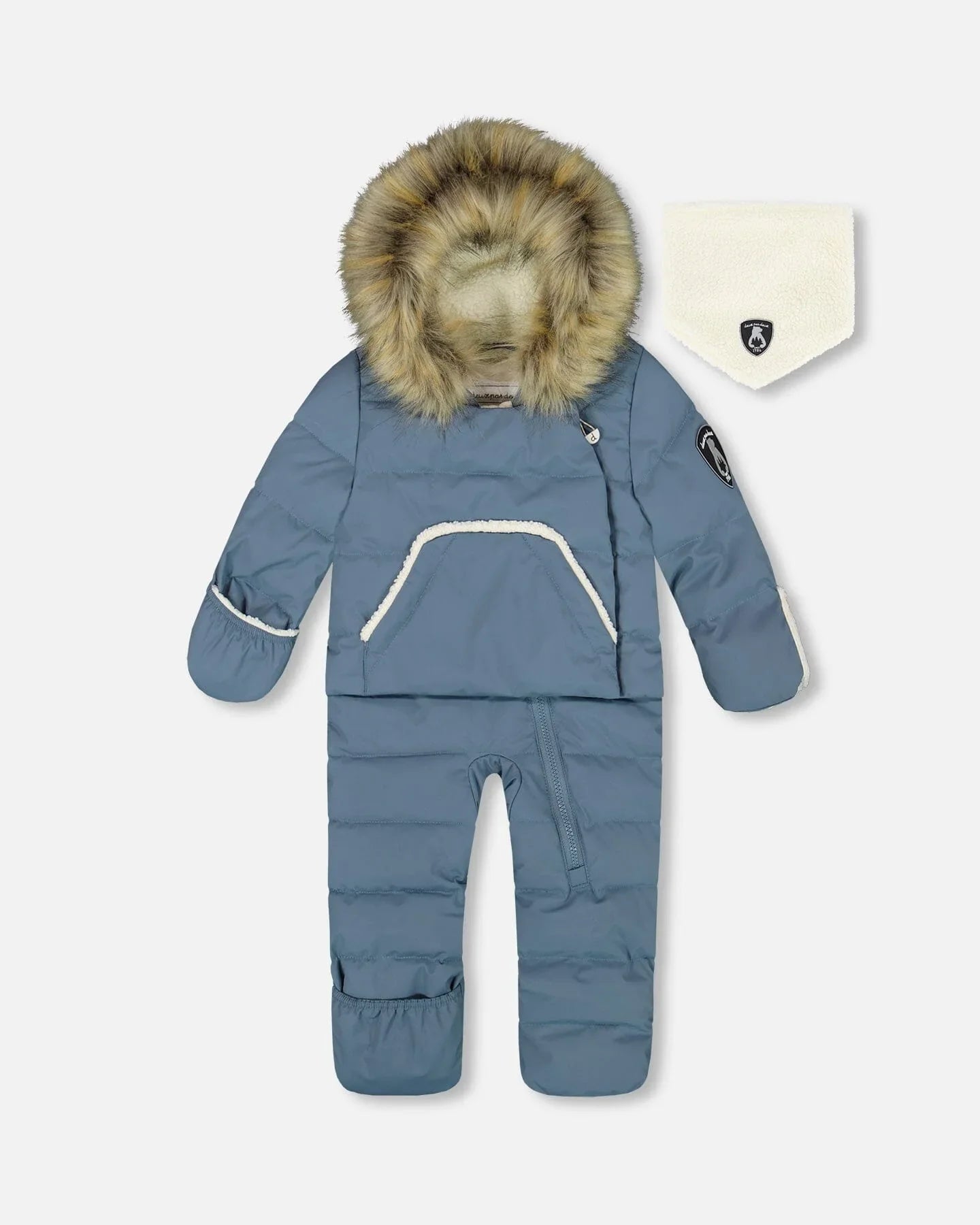 Blue infant snowsuit with faux fur hood and matching white neck warmer, Qu!rk Boutique
