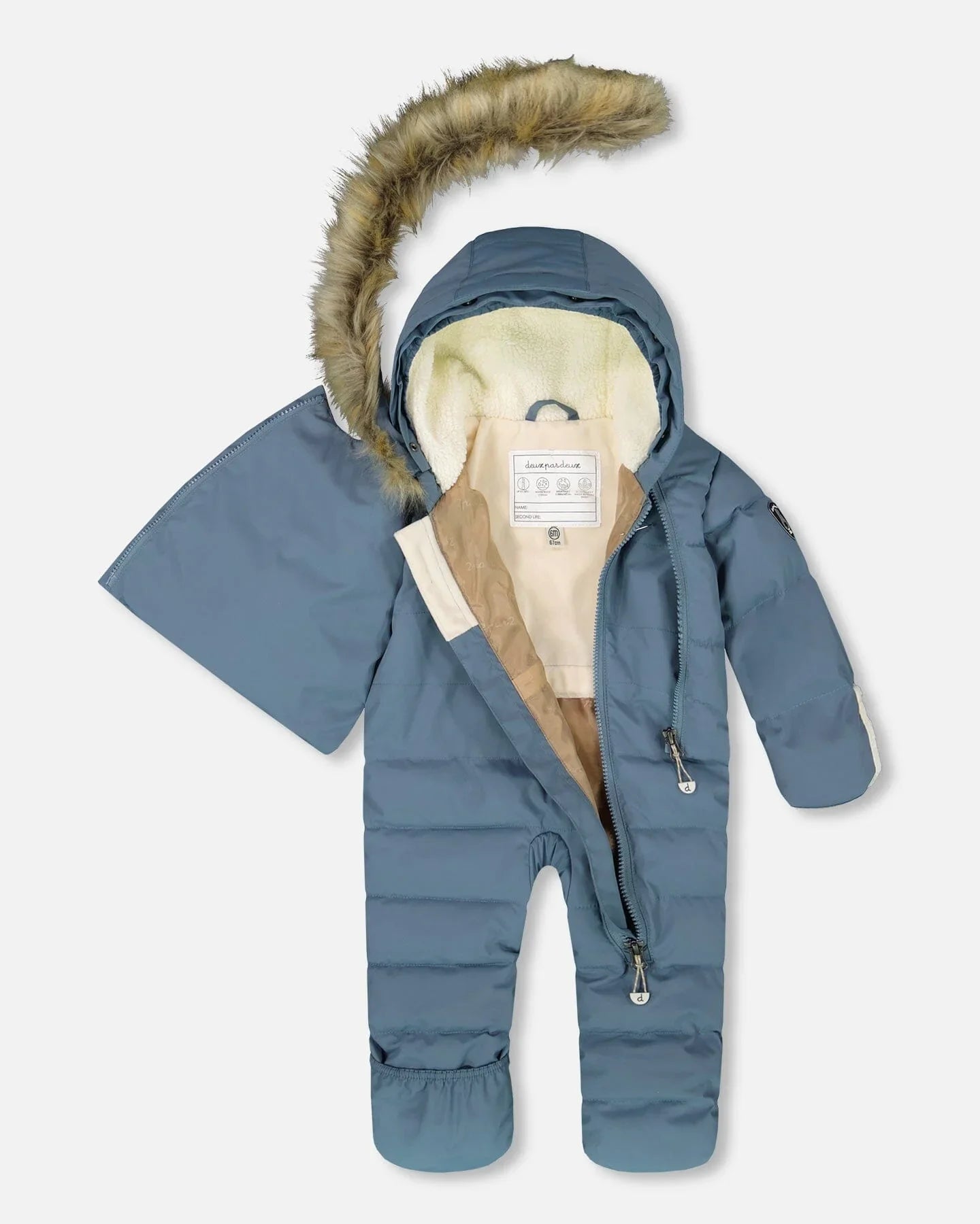 Blue baby snowsuit with faux fur hood, fleece lining, and front zippers at Qu!rk Boutique